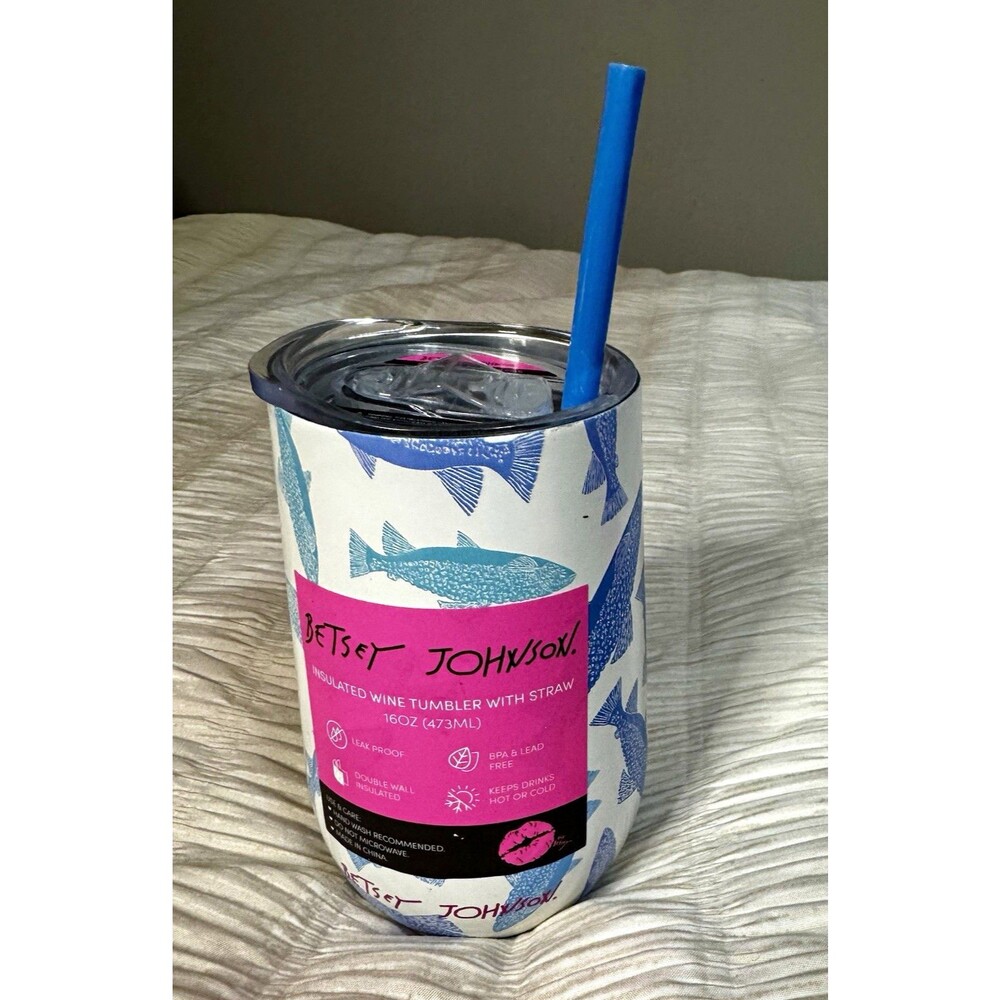 Betsey Johnson 16oz Stainless Insulated Wine Tumbler, Leak Proof Lid/Straw